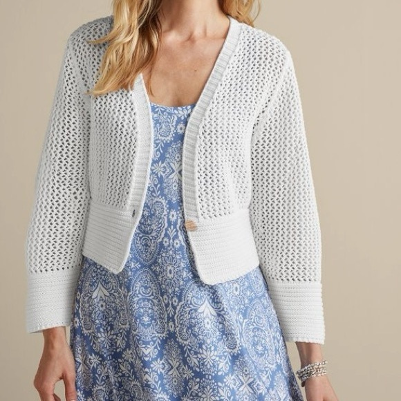 Soft Surroundings Open Knit Cropped Cardi Cardigan Size M White One-Button Front - Picture 2 of 10